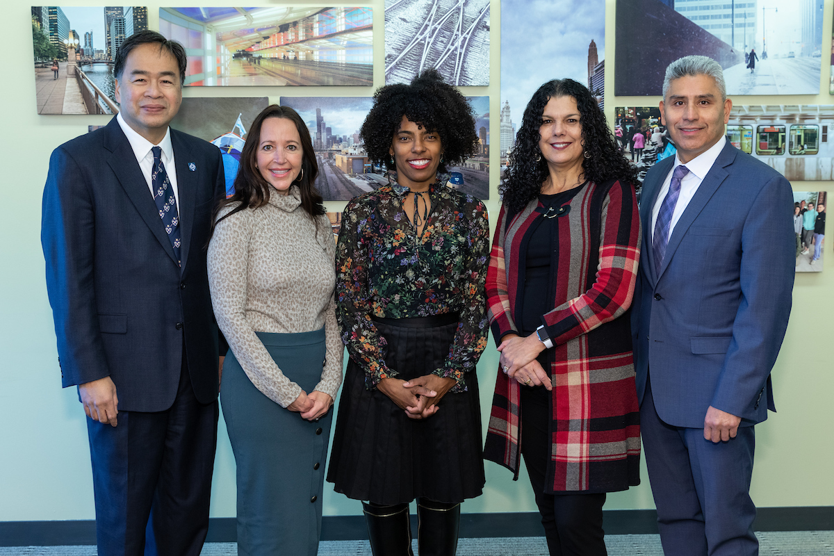 Left to right, A. Gabriel Esteban, Ph.D., president of DePaul University; Peggy Korellis, interim president of Harold Washington College; Sybil Madison, deputy mayor for education and human services for the city of Chicago; Salma Ghanem, DePaul's interim provost; and Juan Salgado, chancellor for City Colleges of Chicago